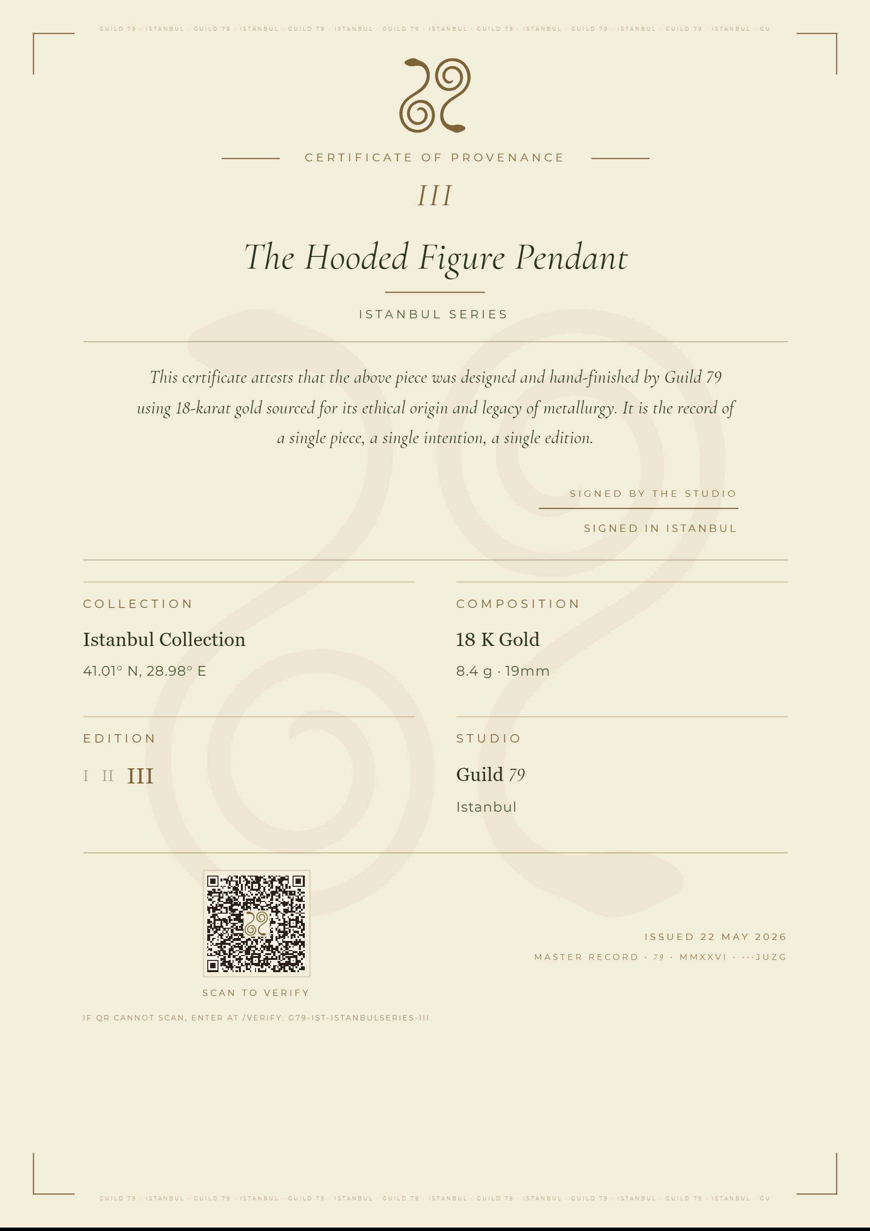 Guild 79 Certificate of Provenance, The Hooded Figure Pendant, Istanbul Series, Edition III